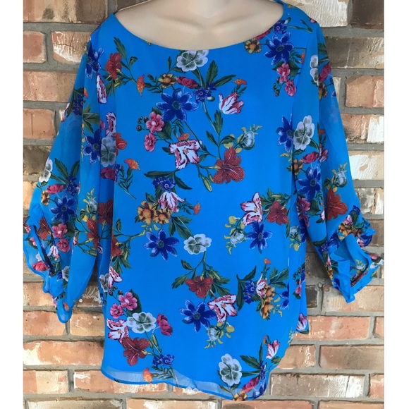 Calvin Klein Women’s Blue Floral 3/4 Sleeves Top XL - Picture 1 of 6